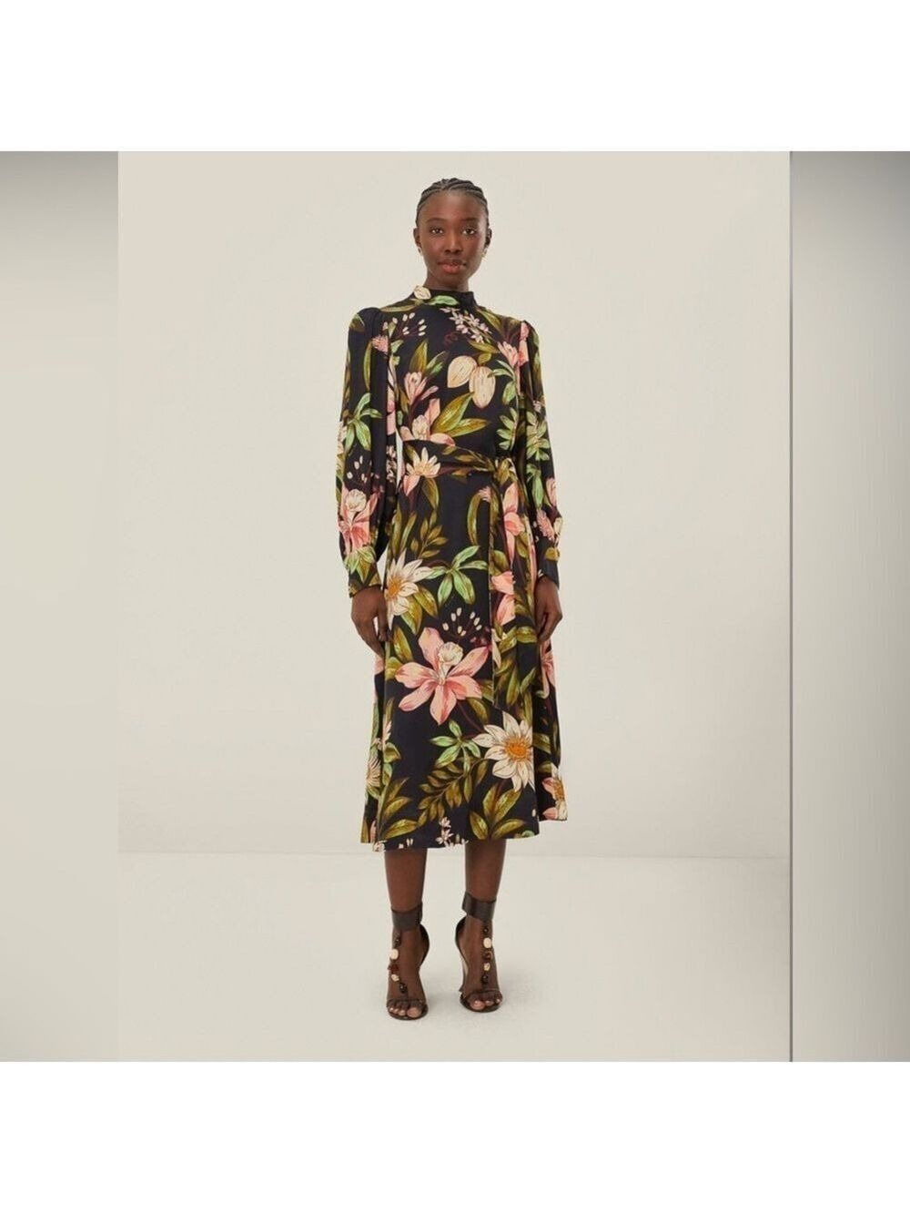 Farm Rio Black Surreal Flowers High Neck Midi Dress